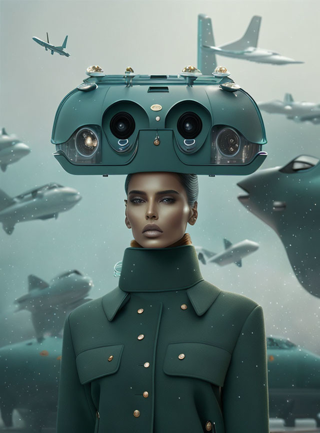 Woman with submarine headpiece amid flying aircraft in hazy sky