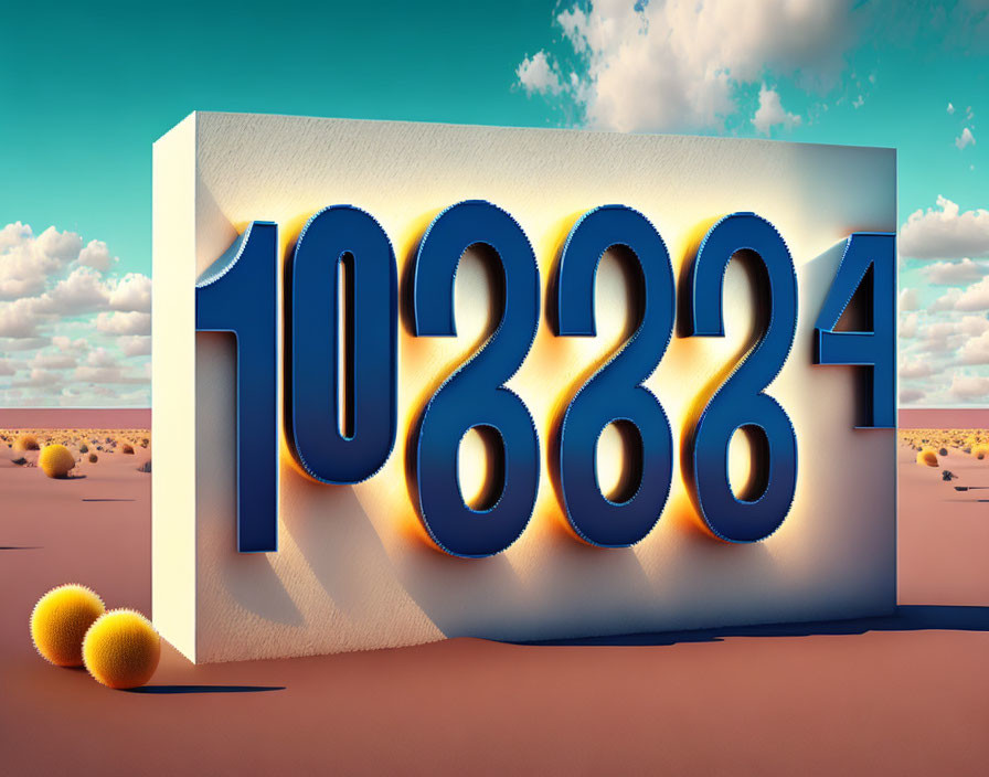 White block with blue '10838' in desert with yellow spheres