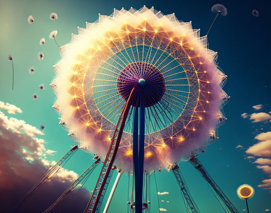 Glowing ferris wheel at dusk with dandelion seeds in the air