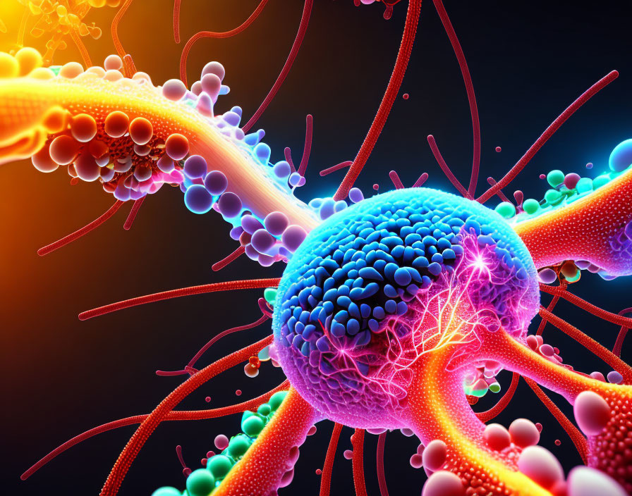 Vibrant digital illustration of a neuron with dendrites and synaptic terminals