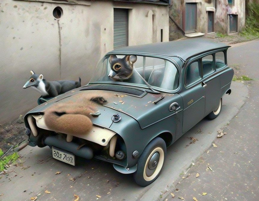 Altered image: classic car with cat and lemur faces in urban setting