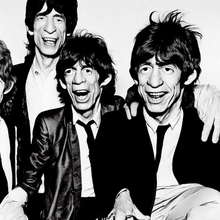 Iconic Shaggy Hairstyles and Playful Smiles in Monochromatic Photo