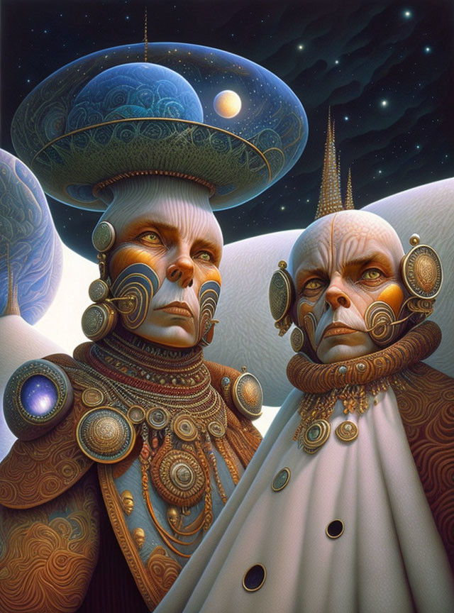 Ornately adorned alien figures in regal attire with intricate facial markings on cosmic backdrop