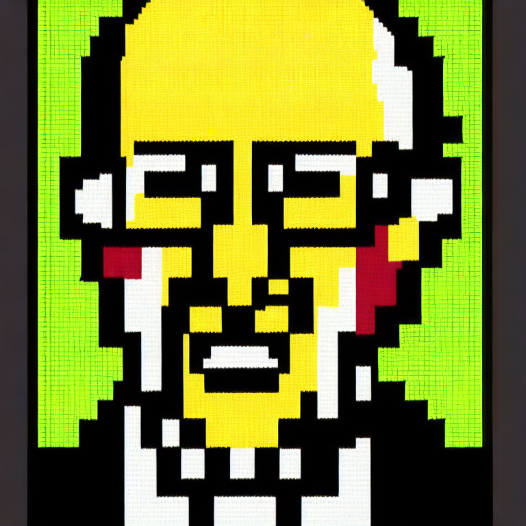 Bald male figure with glasses in pixel art portrait