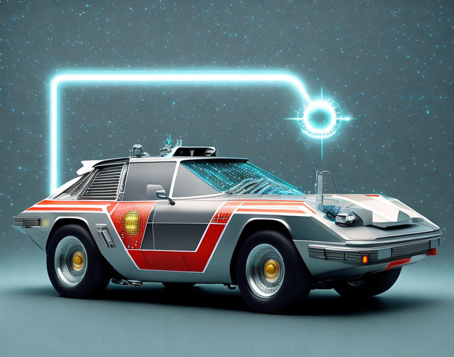 Stylized DeLorean Car with Futuristic Modifications and Neon Accents