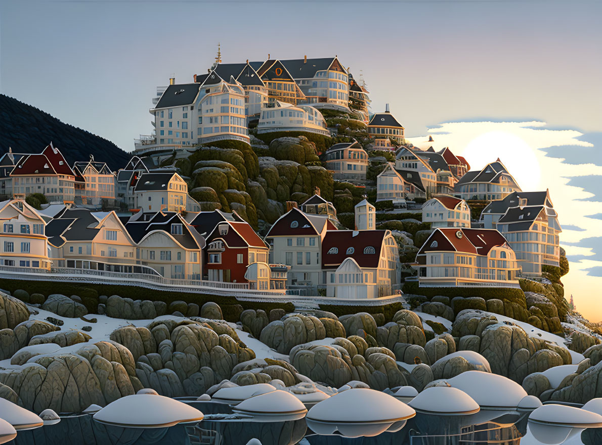 Seaside resort with red-roofed buildings on rocky hills at sunset