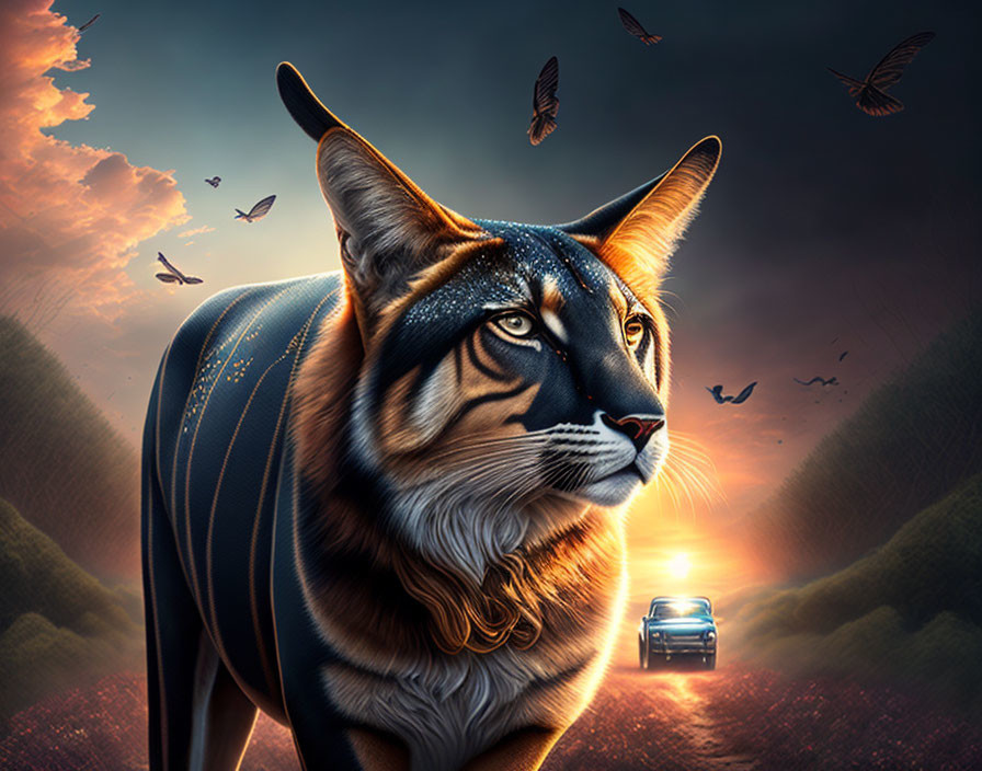 Digital artwork of majestic tiger with night sky and stars blended into fur, car on road at dusk,