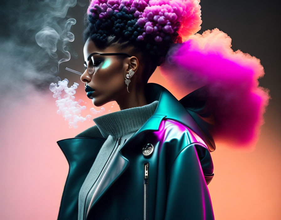 Vibrant Purple Hair Woman in Futuristic Sunglasses & Teal Jacket