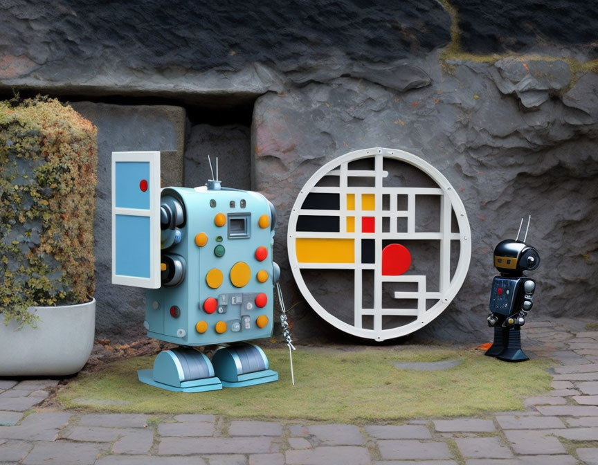 Two cartoon-style robots near futuristic round door on rock wall