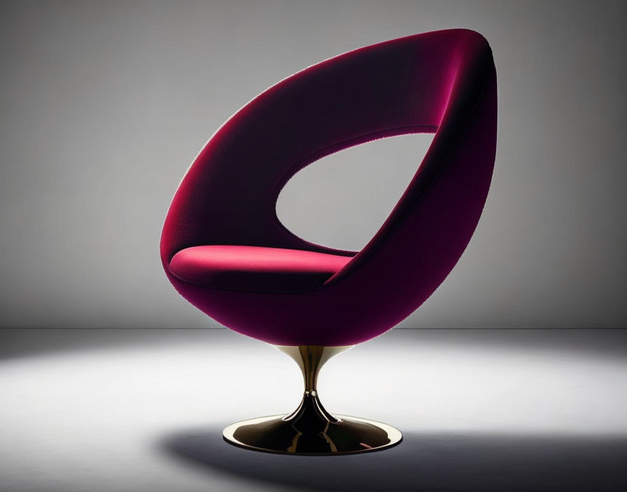 Purple Egg-Shaped Chair on Metallic Pedestal with Dramatic Lighting