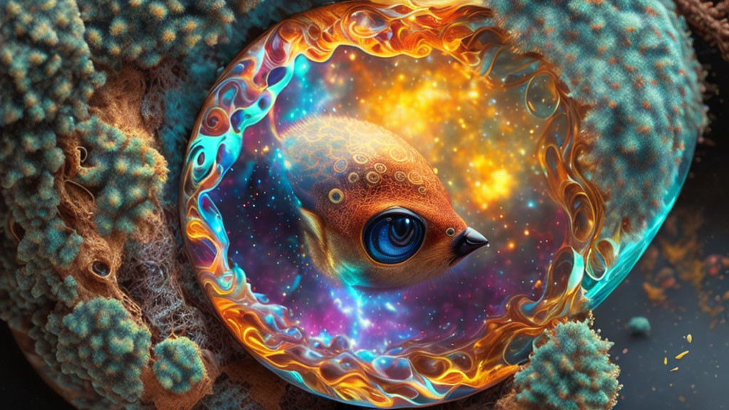 Colorful digital art: Stylized fish with cosmic patterns in ornate border on coral backdrop