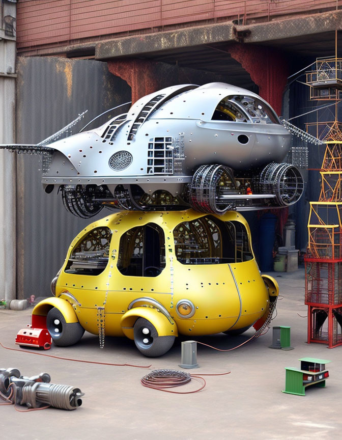 Digitally altered image of classic yellow car with futuristic structure in industrial setting