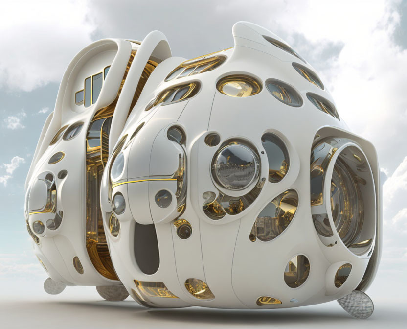 Organic-shaped building with spherical windows and warm golden interior