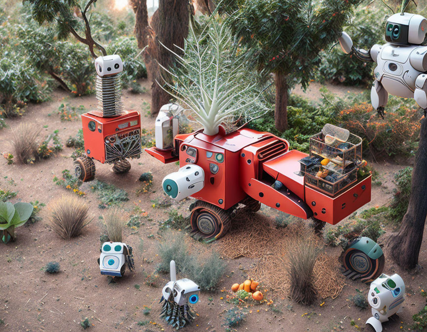 Whimsical robots tending a verdant garden with propellers, harvesting and maintaining plants.