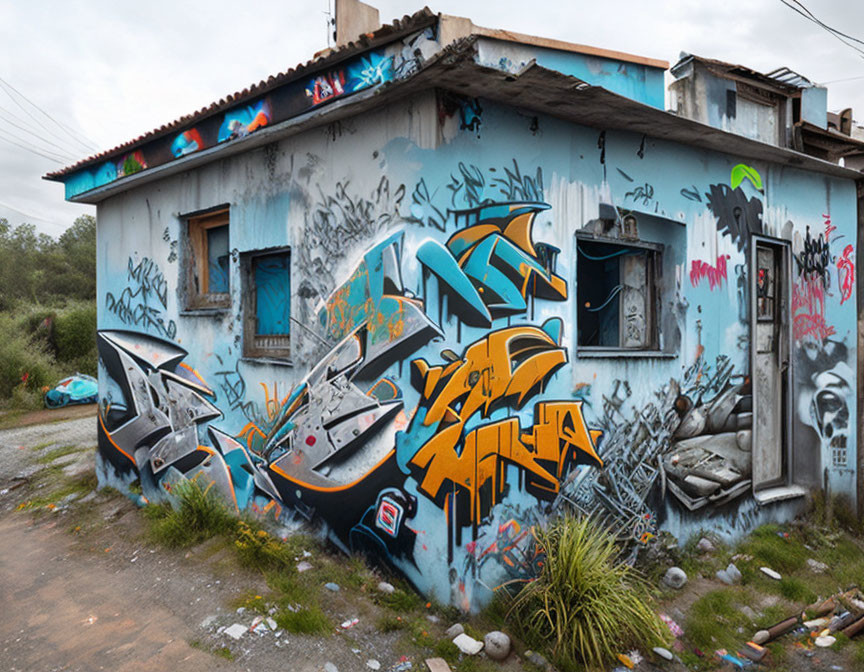 Abandoned house with graffiti-covered walls in overgrown surroundings