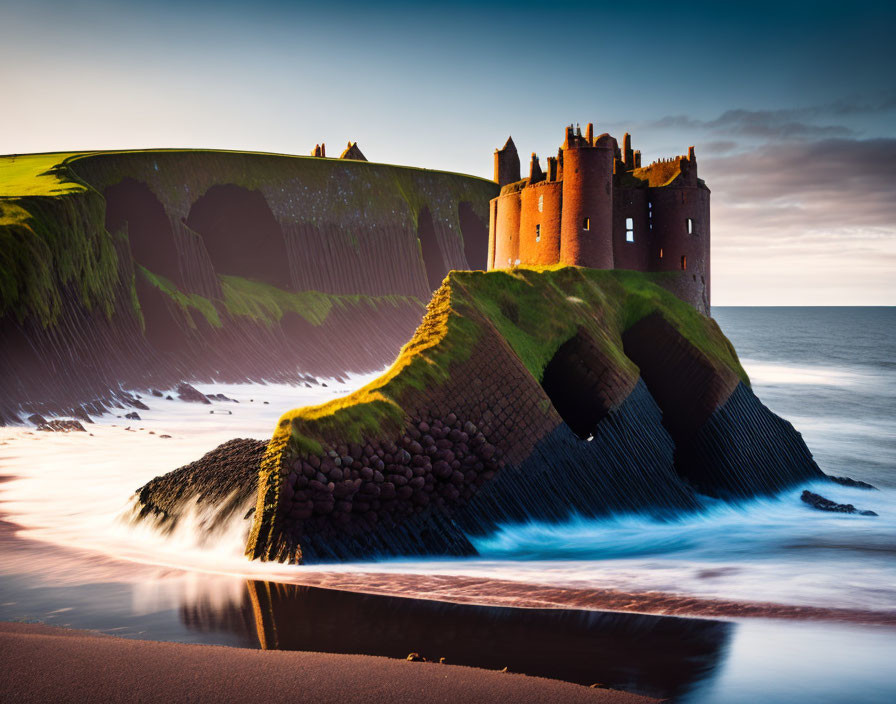 Castle on rugged cliff overlooking beach at sunset with layered rock formations