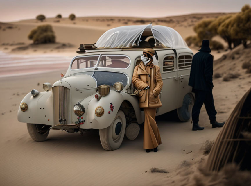 Abandoned vintage car in desert with two people, one leaning, one walking