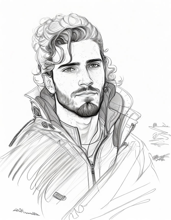 Young man with curly hair and beard in jacket gazes thoughtfully