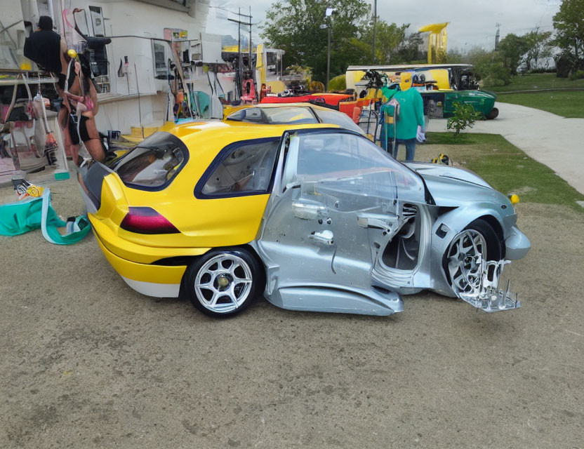 Yellow and Silver Sports Car with Exposed Internal Structure Outdoors