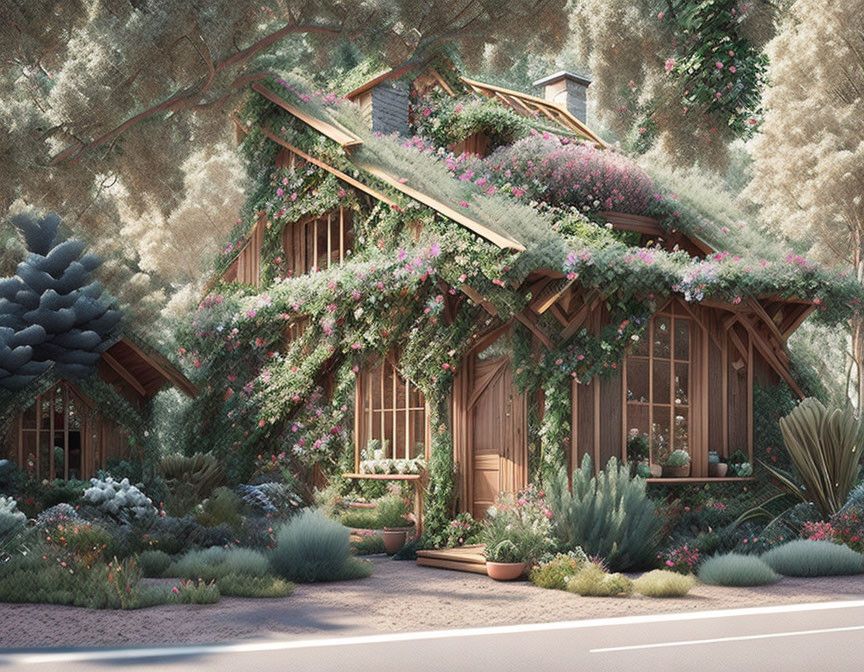 Wooden cottage surrounded by greenery and flowers in a lush garden