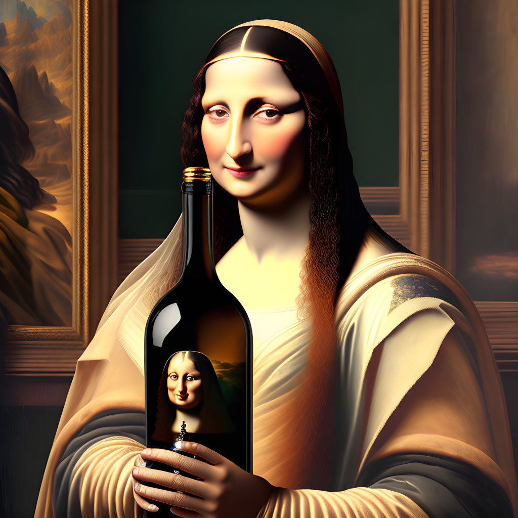 Classic art meets modern design with Mona Lisa holding a wine bottle featuring her own image on the label.