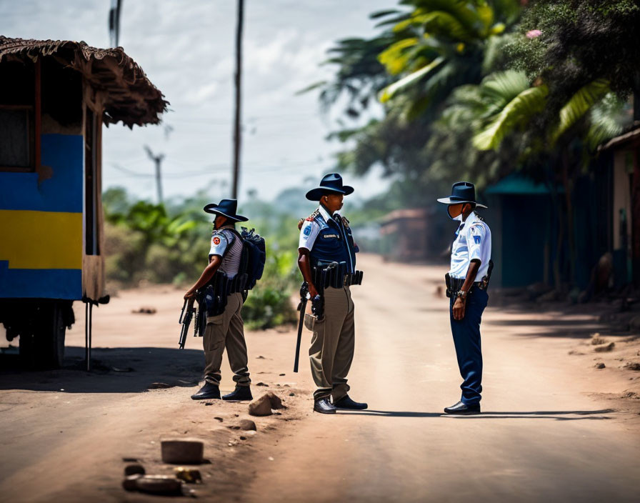 Three police officers on dusty road with thatched structure and greenery