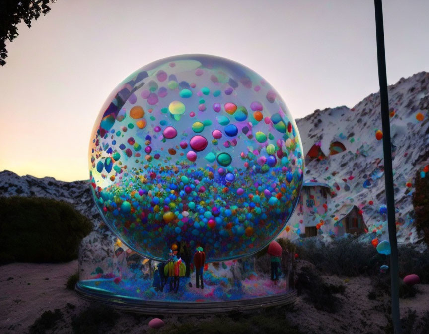 Group of People by Large Transparent Dome with Multicolored Spheres at Twilight