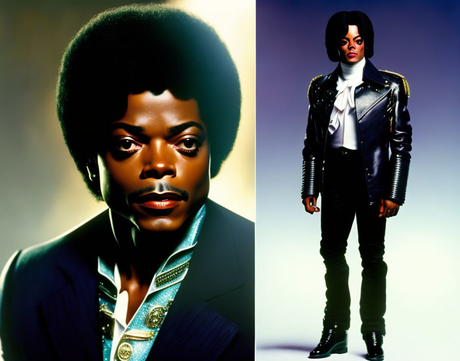 Portraits of same person in different styles: afro & blue suit vs. leather jacket & slick