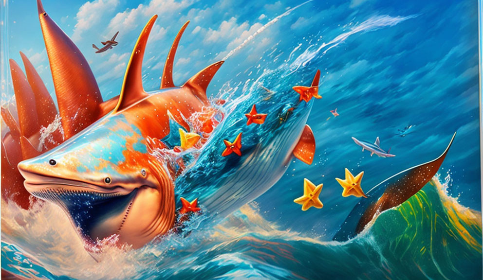 Colorful Digital Artwork: Smiling Shark Surfing Wave with Starfish, Flying Fish, and