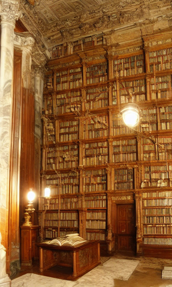 Ornate Library with Towering Bookshelves and Classical Columns