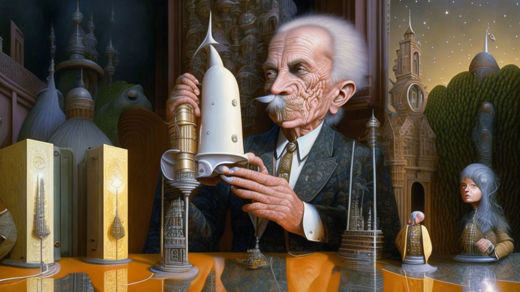 Elderly man with elaborate mustache examines rocket model in whimsical setting