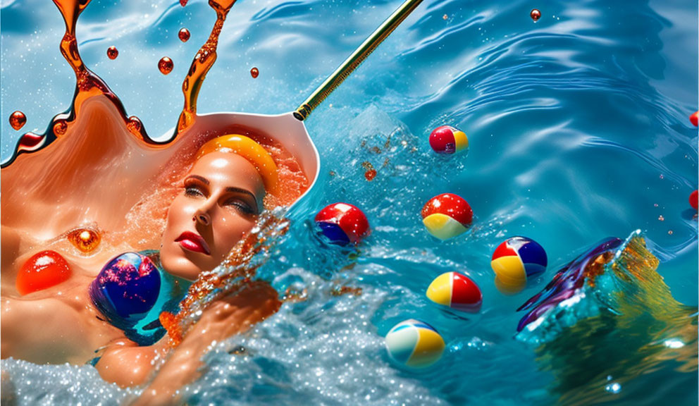 Woman's portrait merged with water splash and beach balls in surreal illustration