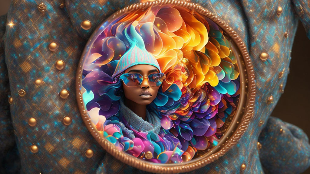 Colorful Psychedelic Pattern Surrounds Person in Sunglasses and Beanie