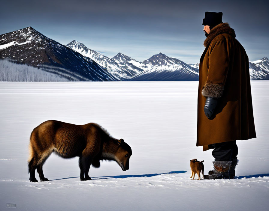 Man in fur hat and coat with wolverine and dog in snowy landscape