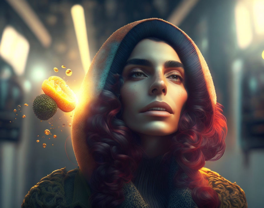 Digital artwork featuring woman with red curls in hood, floating orange slices, and glowing orb in moody