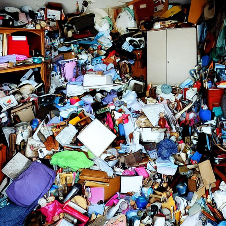 Disorganized room with scattered clothes, books, and items