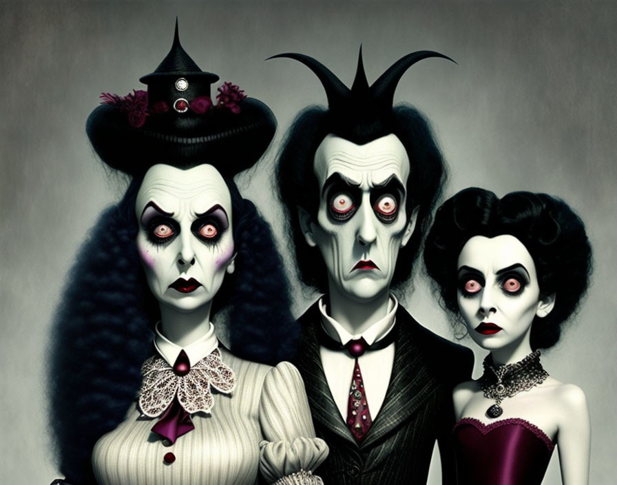 Stylized Gothic characters in Victorian attire pose with eerie, cartoonish look