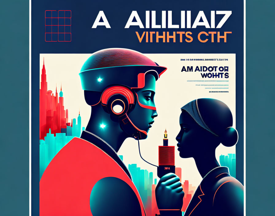 Futuristic poster with man in helmet and woman with candle against cityscape.