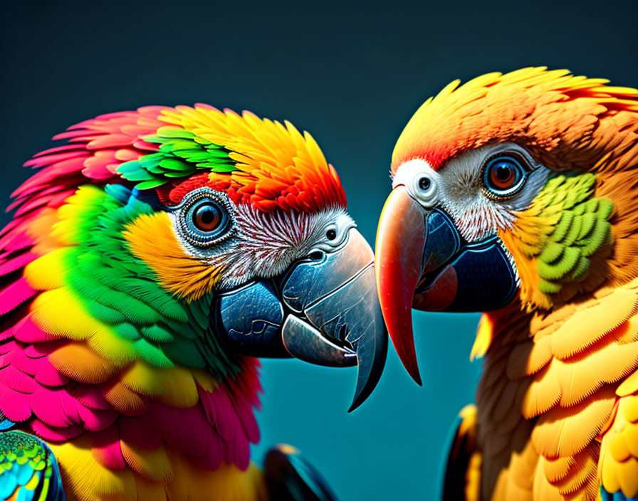 Colorful Parrots Facing Each Other on Blue Background