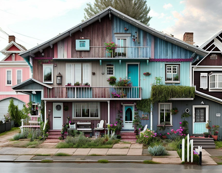 Vibrant two-story house with blue and pink facade, balconies, and white picket fence