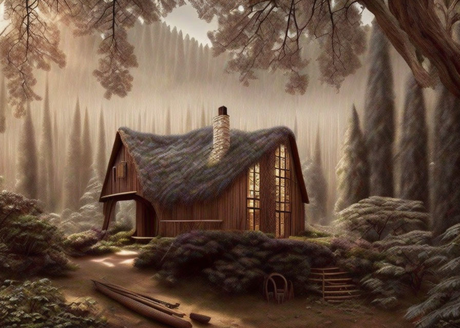 Quaint Thatched-Roof Cottage in Enchanted Forest Clearing