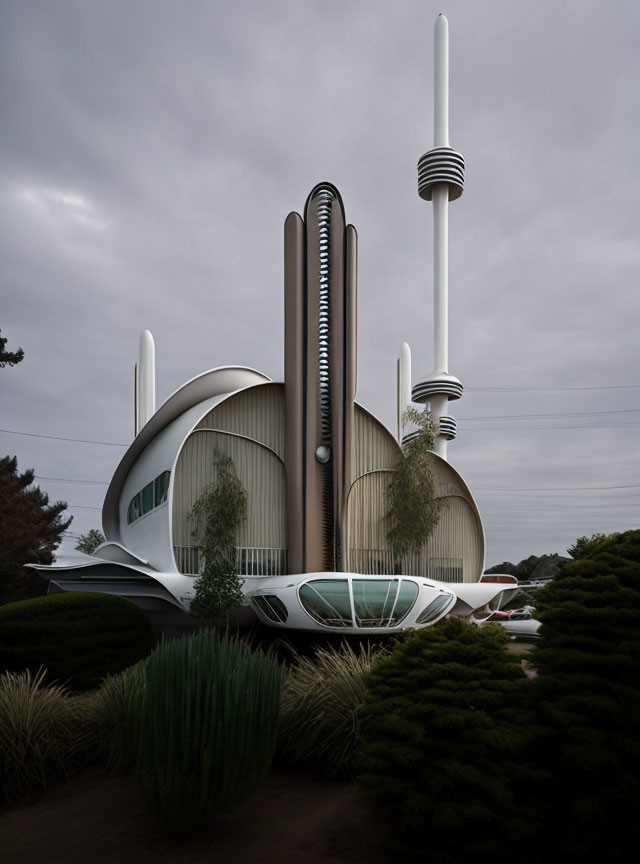 Modern building with wave-like design, spire antennas, circular windows, and hovering car in landscaped