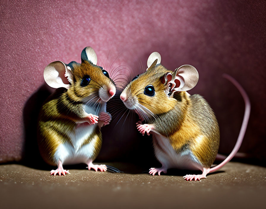 Realistic computer-animated mice with large ears and brown-striped fur conversing