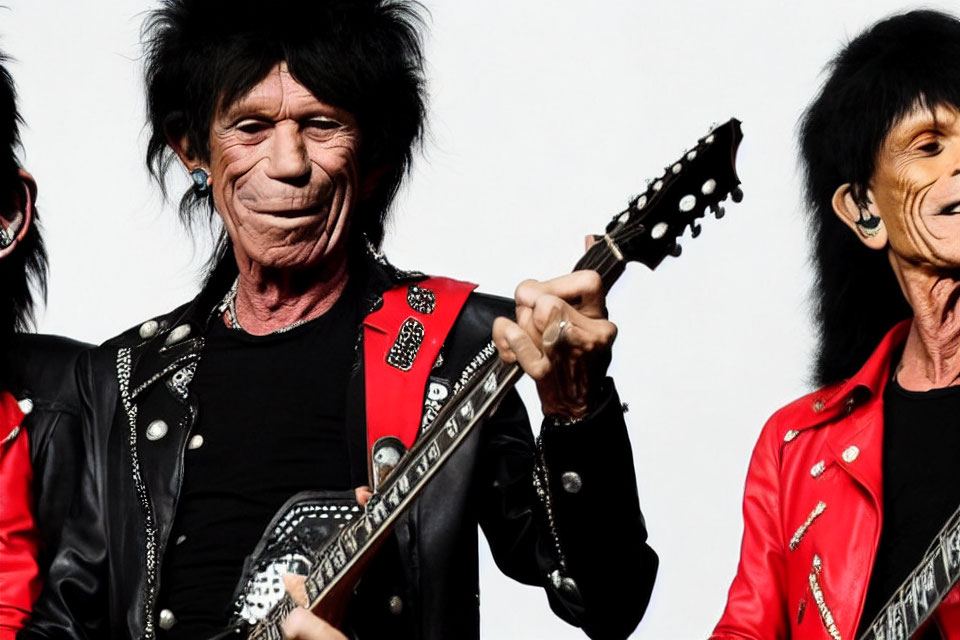 Joyful duo in red and black attire performing with guitar on stage