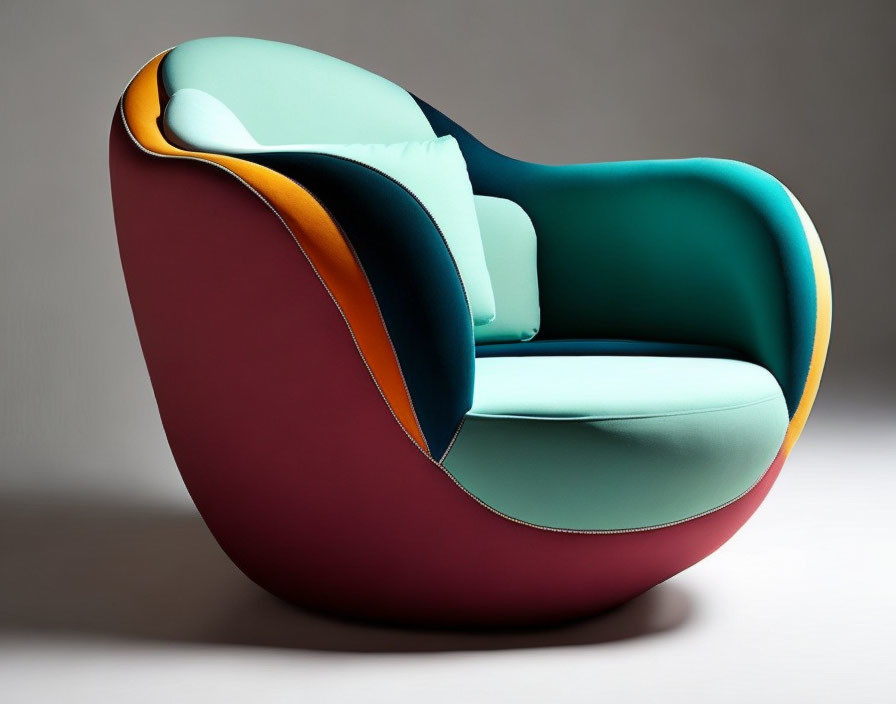 Curvaceous Armchair in Teal, Mustard & Maroon on Neutral Background