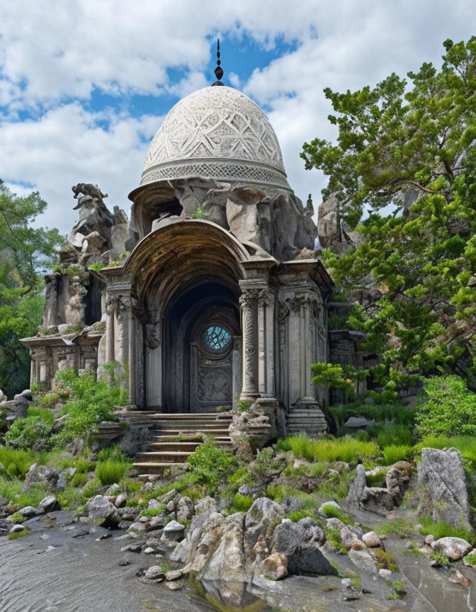 Stone Pavilion with Dome Roof Amid Lush Greenery and Stream