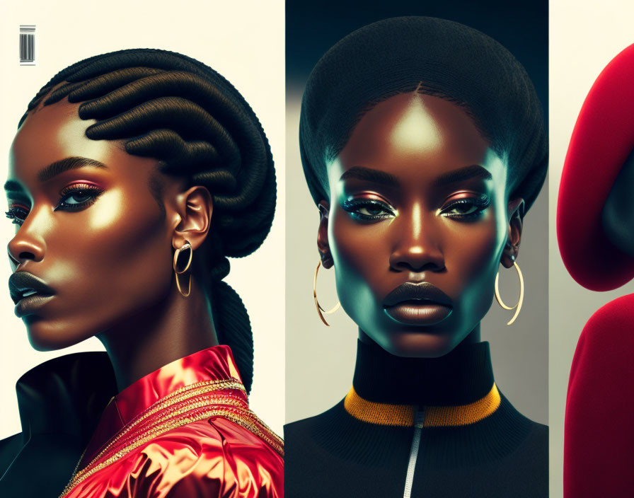 Stylized portraits of a woman with braided hair and elegant makeup