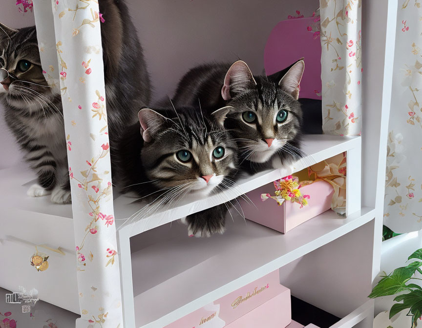 Green-eyed cats on white shelving with pink decor.