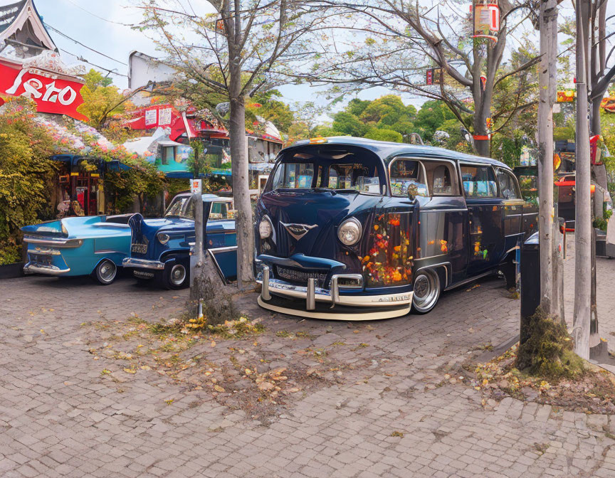 Blue convertible and black hearse parked on tree-lined street with shops.