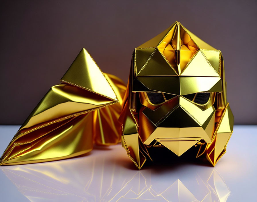 Golden Geometric Origami Mask and Objects on Reflective Surface